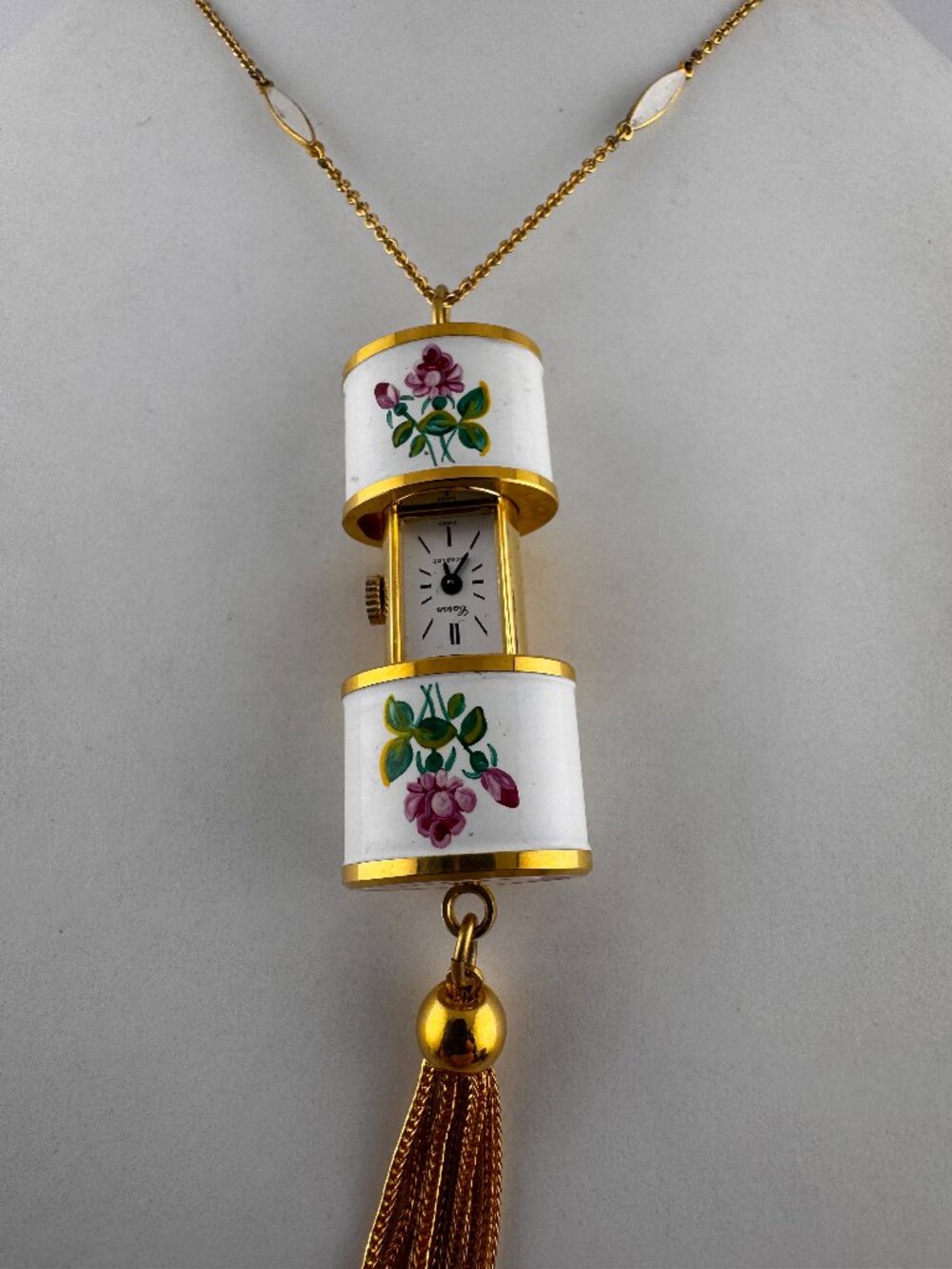 Vintage Caran Swiss Pendant Watch with Enamel Necklace